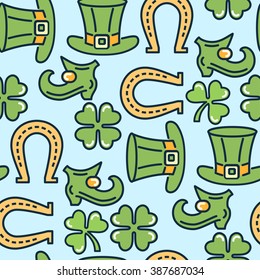 St. Patrick's day flat thin line icon seamless pattern greeting card template. Minimal outline shamrock, beer glass, leprechaun's hat. Modern vector wallpaper texture background, gift wrapping