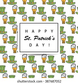 St. Patrick's day flat thin line icon seamless pattern greeting card template. Minimal outline shamrock, beer glass, leprechaun's hat. Modern vector wallpaper texture background, gift wrapping