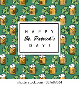 St. Patrick's day flat thin line icon seamless pattern greeting card template. Minimal outline shamrock, beer glass, leprechaun's hat. Modern vector wallpaper texture background, gift wrapping