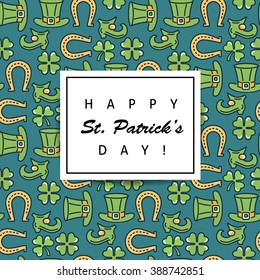 St. Patrick's day flat thin line icon seamless pattern greeting card template. Minimal outline shamrock, beer glass, leprechaun's hat. Modern vector wallpaper texture background, gift wrapping