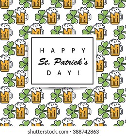 St. Patrick's day flat thin line icon seamless pattern greeting card template. Minimal outline shamrock, beer glass, leprechaun's hat. Modern vector wallpaper texture background, gift wrapping