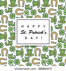 St. Patrick's day flat thin line icon seamless pattern greeting card template. Minimal outline shamrock, beer glass, leprechaun's hat. Modern vector wallpaper texture background, gift wrapping