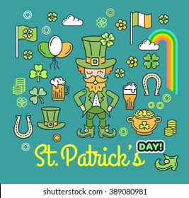 St. Patrick's Day flat thin line icon design elements, greeting card template. Shamrock, beer, lerprechaun, hat, rainbow, pot of gold. Modern minimal stroke vector illustration