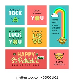 St. Patrick's Day flat thin line greeting card banner template. Shamrock, beer, lerprechaun, hat.  Modern minimal stroke vector design elements. For poster, flyer, web, banner, blog post