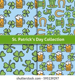 St. Patrick's day flat thin line icon seamless pattern collection. Minimal outline shamrock, beer mug, leprechaun hat. Modern vector wallpaper texture background, gift wrapping, scrapbooking, textile