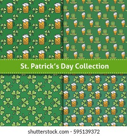 St. Patrick's day flat thin line icon seamless pattern collection. Minimal outline shamrock, beer mug, leprechaun hat. Modern vector wallpaper texture background, gift wrapping, scrapbooking, textile