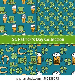 St. Patrick's day flat thin line icon seamless pattern collection. Minimal outline shamrock, beer mug, leprechaun hat. Modern vector wallpaper texture background, gift wrapping, scrapbooking, textile
