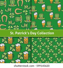 St. Patrick's day flat thin line icon seamless pattern collection. Minimal outline shamrock, beer mug, leprechaun hat. Modern vector wallpaper texture background, gift wrapping, scrapbooking, textile