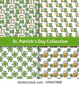 St. Patrick's day flat thin line icon seamless pattern collection. Minimal outline shamrock, beer mug, leprechaun hat. Modern vector wallpaper texture background, gift wrapping, scrapbooking, textile