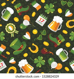 St. Patricks Day flat vector color seamless pattern. Decorative texture with cartoon four leaf clover, horseshoe, leprechaun hat. Traditional Irish holiday wrapping, wallpaper, textile design idea