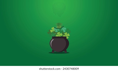 St Patrick's day flat vector illustration with clover, cauldron, and hat. Green background. Can be used for banners, posters, backgrounds, landing pages, greeting cards, covers, etc.