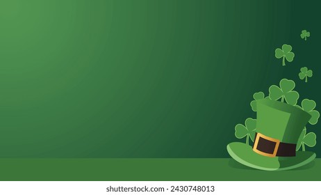 St Patrick's day flat vector illustration with clover, cauldron, and hat. Green background. Can be used for banners, posters, backgrounds, landing pages, greeting cards, covers, etc.