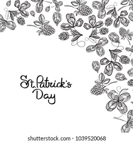 St Patricks Day floral background with inscription and sketch irish clover hop branches on light background vector illustration