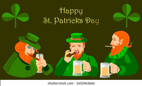 St. Patrick's Day flyer, brochure, invitation, corporate celebration. Three people in a green hat, with red hair and a beard, with a cigar and beer, shamrock on a black background. Vector illustration