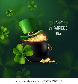 St. Patrick's Day flyer, brochure, invitation to a holiday, corporate holiday. a leprechaun hat, a shamrock, a pot of gold coins, on a dark background. Vector illustration.