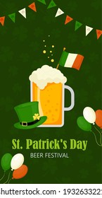 A St. Patrick's Day flyer, a brochure, an invitation to a beer festival, beer, balloons, a leprechaun hat. Vector illustration on a green background.