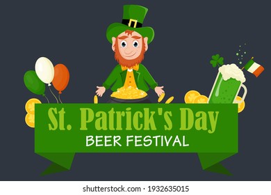 St. Patrick's Day flyer, brochure, beer festival invitation, beer, balloons, leprechaun hat. Vector illustration on a gray background.