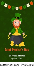 A St. Patrick's Day flyer, a brochure, an invitation to a sale, a leprechaun with a pot of gold. Vector illustration on a green background.