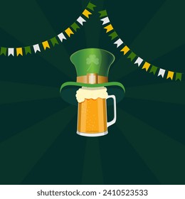 St. Patrick's Day flyer, party invitation, corporate event. Leprechaun hat on a mug of beer on a dark green background.
