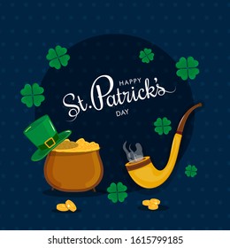 St. Patrick's Day Font with Coins Pot, Leprechaun Hat, Smoking Pipe and Shamrock Leaves Decorated on Blue Polka Dots Background.