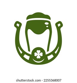 St Patrick's Day fortune horseshoe leprechaun hat green clover vintage icon vector flat illustration. Celtic traditional lucky symbol troll gnome abstract headdress shamrock leaf petal costume design