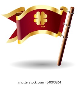 St. Patrick's Day four leaf clover or lucky icon on red and gold vector flag good for use on websites, in print, or on promotional materials