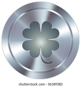 St. Patricks Day or four leaf clover icon on round stainless steel modern industrial button