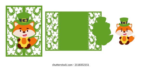 St. Patrick's Day fox laser cutting invitation card template. Paper cut out silhouette for plotter and silk screen printing. Vector stock illustration.