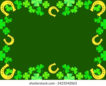 St. Patrick's Day frame with clover leaves and horseshoes. Border with four leaf clovers and shamrocks, golden horseshoes. Design for invitations, leaflets and greeting cards. Vector illustration