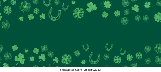 St. Patricks Day, frame with clover pattern on green. Hand drawn illustrations	