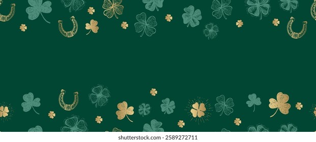 St. Patricks Day, frame with clover pattern on green. Hand drawn illustrations	