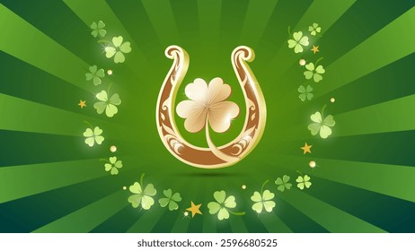 St. Patrick's day frame with clover leaf, golden coins and horseshoe on green background. Vector illustration. Golden horseshoe, concept of luck, fortune. 