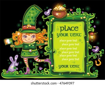 St. Patrick's Day frame with cute  Leprechaun,girl holding Irish flag with place for your text.