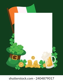 St. Patrick's Day frame with green leprechaun hat, beer glass, Irish flag and shamrock leaves. Postcard, banner. Vector illustration