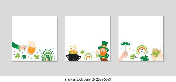 St. Patrick's day frame. Greeting post background for Social media. Holidays square template set. Festive elements flags, shamrocks, beer, rainbow pot of gold, leprechaun. Vector illustration.