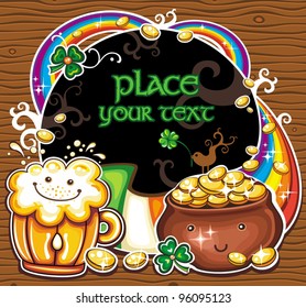 St Patrick's Day frame. Holiday symbols of  Ireland: Leprechaun's pot of magic gold with cartoon eyes, and smile  fresh beer, smiling face, Rainbow, Irish flag, Black message board with space for text