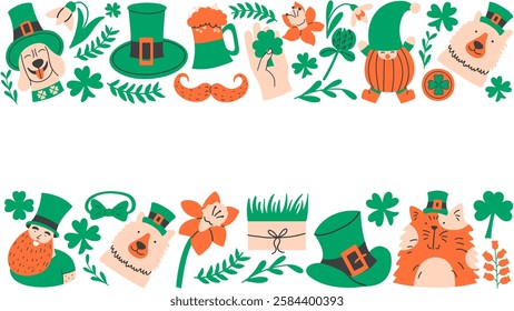 St. Patrick's Day Frame with leprechaun hat, clover, beer and other symbolic elements