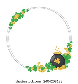 St. Patrick's Day frame with pot of gold, coins, horseshoes and shamrock leaves. Postcard, banner. Vector illustration