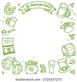 St. Patricks Day frame template with line icons, beer mugs, coins, shamrocks, Irish elements on a white for cards, invitations, posters, prints, social media, and brochures. Vector illustration