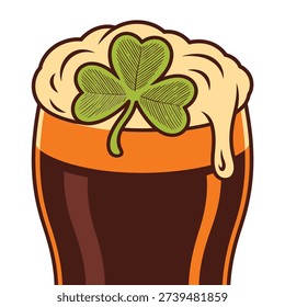 St Patricks Day frothy stout glass with clover foam, Irish pub poster element, brewery tour session graphic, festival party vector