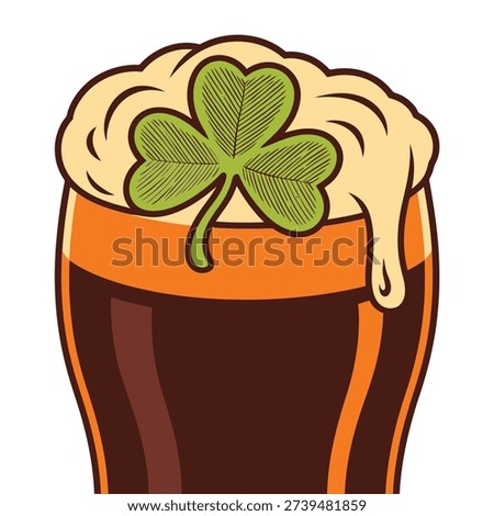 St Patricks Day frothy stout glass with clover foam, Irish pub poster element, brewery tour session graphic, festival party vector