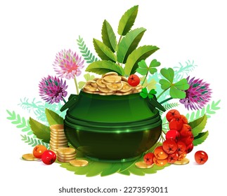 St patricks day full pot gold coin clover flower leaf. Vector cartoon illustration isolated on white