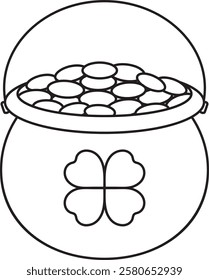 St. Patrick's Day, a full pot of gold coins, a four-leaf clover, a black and white vector linear icon isolated on a white transparent background