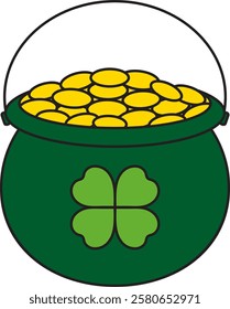 St. Patrick's Day, full pot of gold coins, four-leaf clover, retro vintage style, vector flat icon isolated on a white transparent background