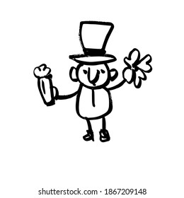 St. Patrick's Day. Funny cartoon character holding a trefoil and a glass. Hand-drawn caricature, Doodle. Black and white vector illustration.