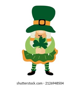 St. Patrick's Day funny gnome with clover. Cartoon  vector illustration isolated on white. Great for greeting cards, pub invitations, posters, t-shirts design. Female character.