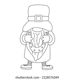  St. Patrick's Day funny gnome with horseshoe for good luck. Vector doodle illustration isolated on white. Hand drawn black outline. Great for greeting cards, coloring book. Male character