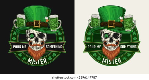 Etiqueta graciosa del Día de los Patrones con cráneo humano con sombrero alto, barba roja, vasos de cerveza verde. Envíame algo, señor. Para impresiones, camisetas, diseño de vacaciones