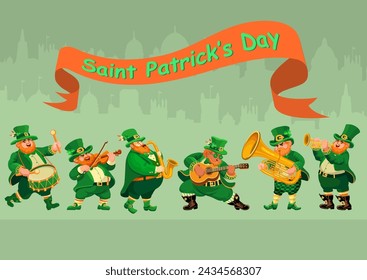 In: St. Patricks Day. Lustige Musiker in Leprechaun Kostümen. Menschen, Zeichentrickfiguren auf Silhouetten der Altstadt Hintergrund. Wohnung Stil Illustration für St. Patricks Day, ein irischer Urlaub. Vektor.