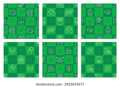 St Patricks Day funny seamless pattern with a checkered green background and cute hand-drawn Irish holiday icons, symbols, and elements. 